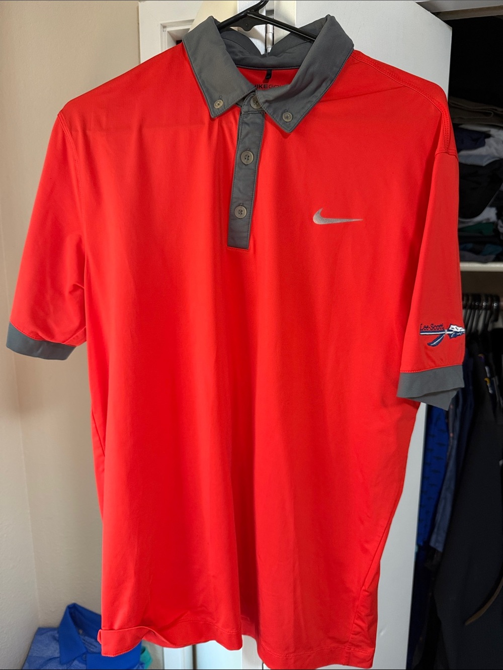 Nike Men’s Solar Red Golf Polo with Gray Collar and Cuff